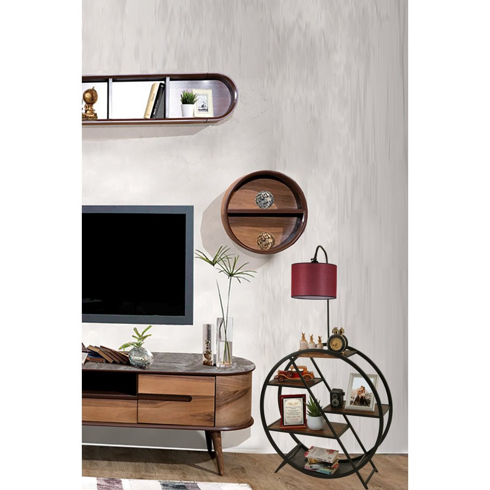 Lumexx Pluton Walnut Floor Lamp With Cylinder Wicker Claret Red Lampshade