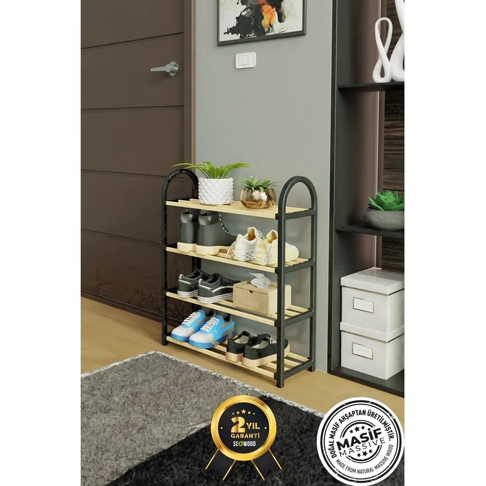 Seowood Wooden Shoe Rack 4 Tier Black 64 x 50 x 18 Cm