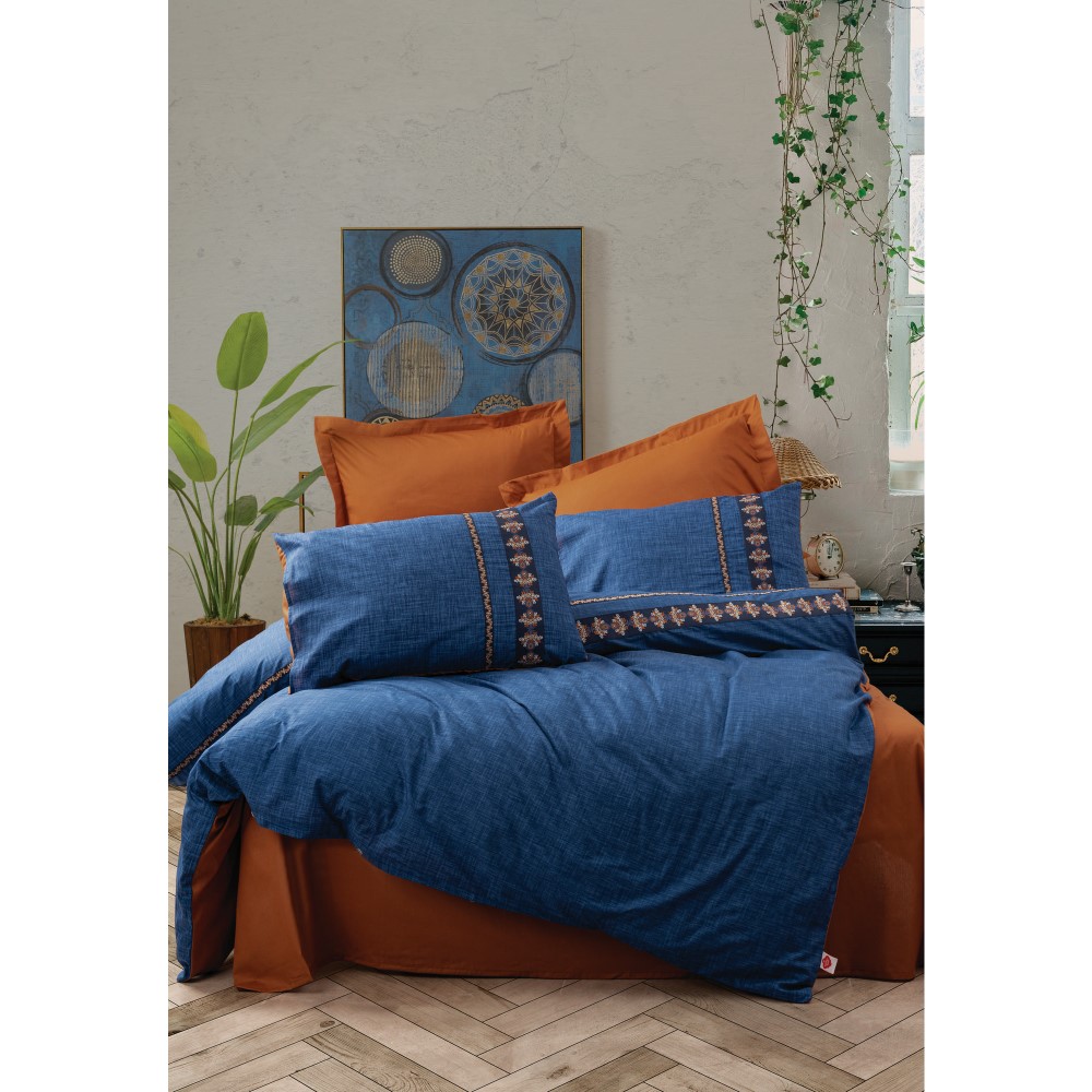 Asir Cotton Box Lusso Dark Blue Double Person Linen Fitted