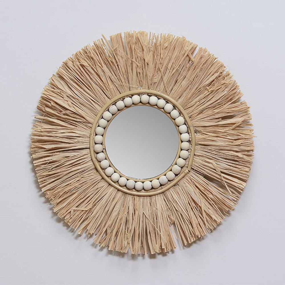 Koopman Mirror Raffia With Beads 40Cm