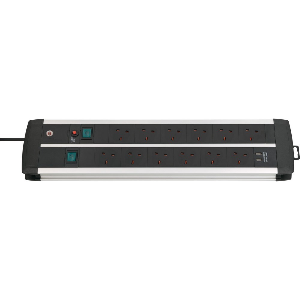 Brennenstuhl Duo-Alu Extension Lead 12 Way + 2 Usb With 2 Switches 3M