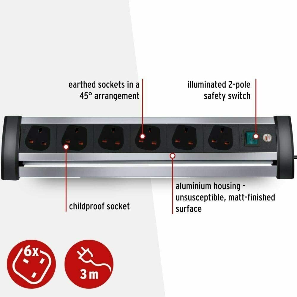 Brennenstuhl Alu-Office Extension Lead For Desk 6 Way 3M