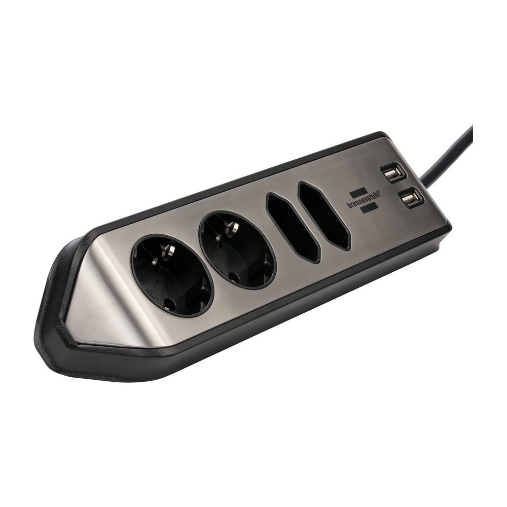 Brennenstuhl Corner Socket Strip 4 Way + 2 Usb Black-Silver