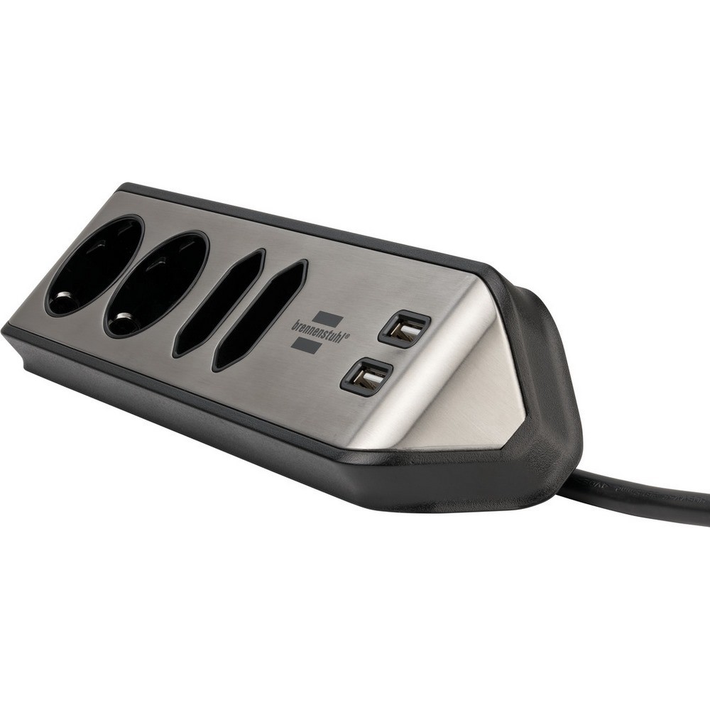 Brennenstuhl Corner Socket Strip 4 Way + 2 Usb Black-Silver
