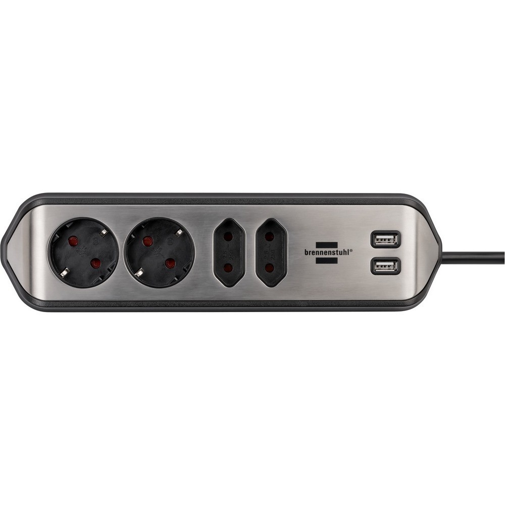 Brennenstuhl Corner Socket Strip 4 Way + 2 Usb Black-Silver