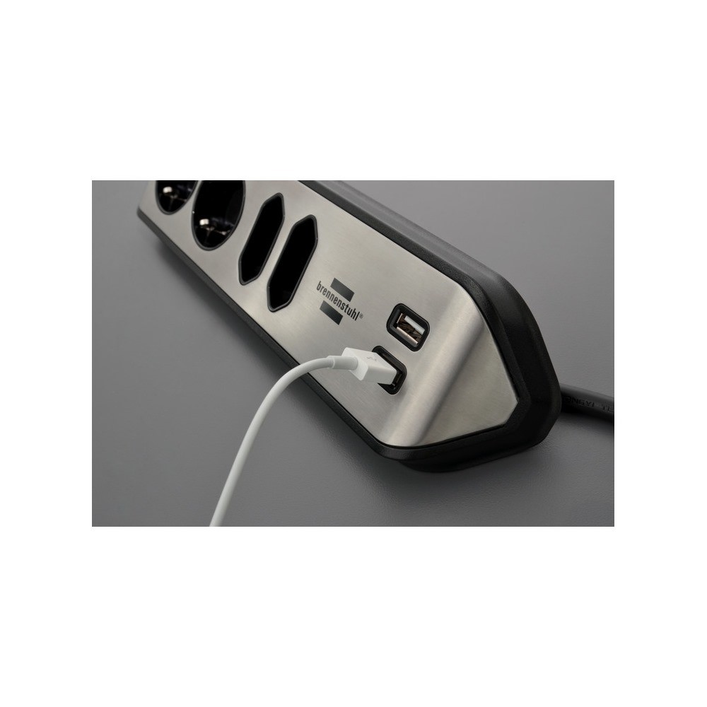 Brennenstuhl Corner Socket Strip 4 Way + 2 Usb Black-Silver