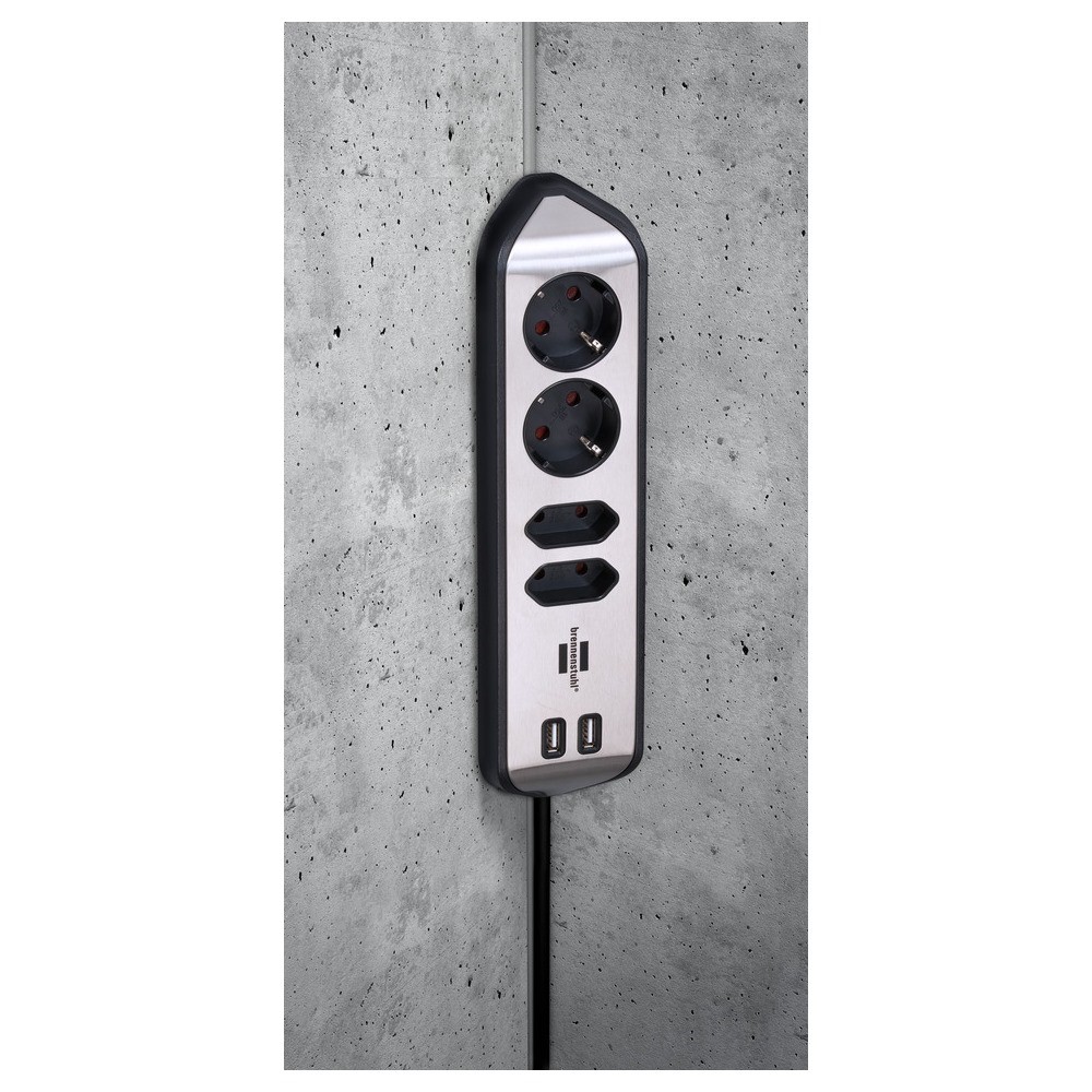 Brennenstuhl Corner Socket Strip 4 Way + 2 Usb Black-Silver