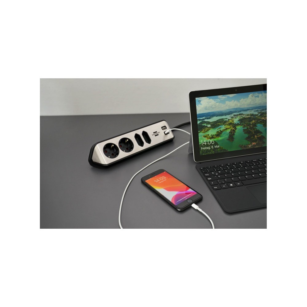 Brennenstuhl Corner Socket Strip 4 Way + 2 Usb Black-Silver