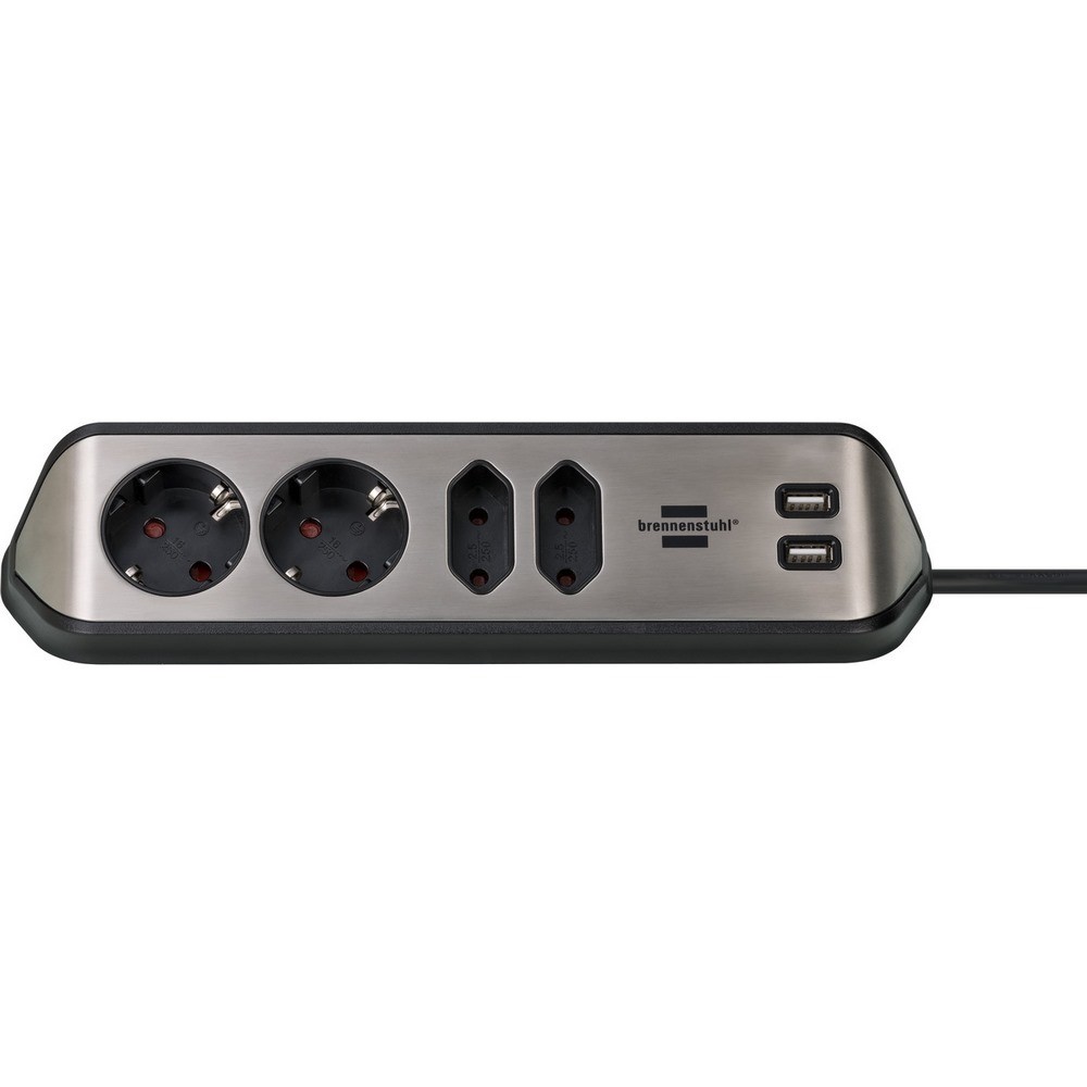 Brennenstuhl Corner Socket Strip 4 Way + 2 Usb Black-Silver
